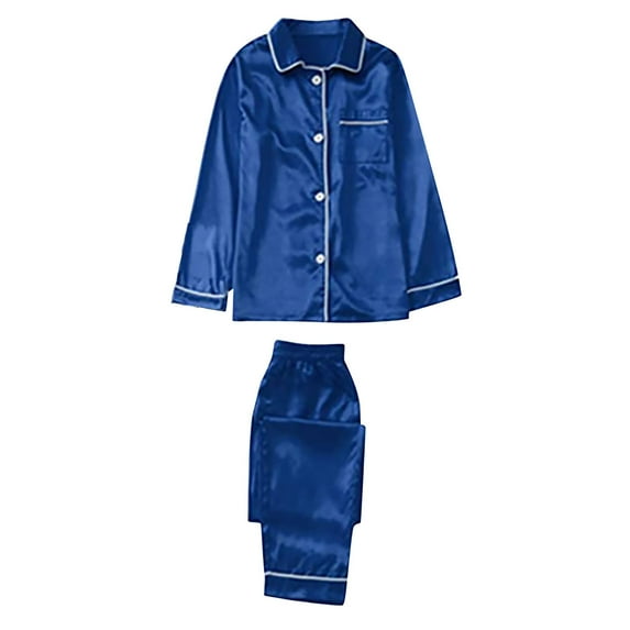 REALiKUN Family Matching Pajamas Set Silk Satin Button Down Sleepwear Long Sleeve Nightwear 2 Pcs Pj Set Blue S