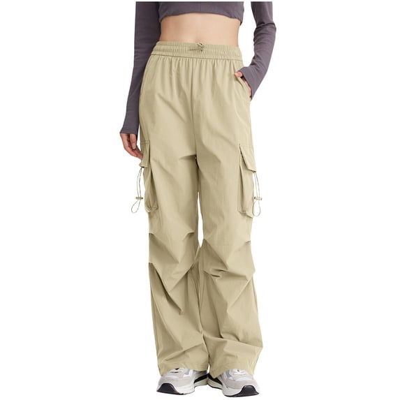 REALiKUN Flap Pockets Parachute Pants for Women High Waist Cargo Pants Casual Hiking Baggy Cargo Pant Drawstring Trousers