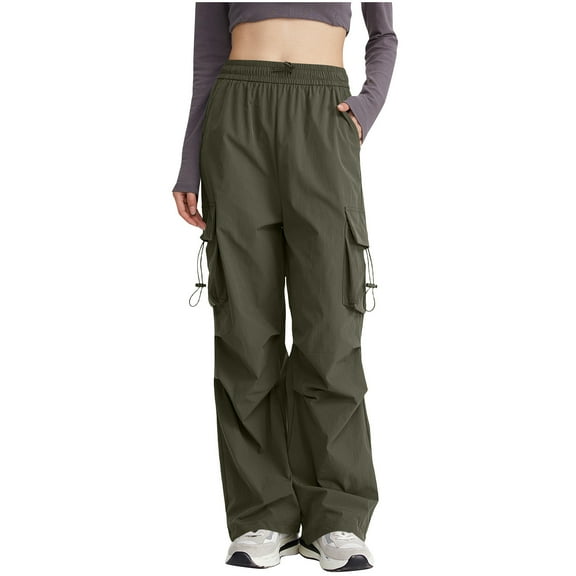 REALiKUN Flap Pockets Parachute Pants for Women High Waist Cargo Pants Casual Hiking Baggy Cargo Pant Drawstring Trousers