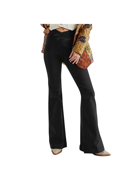 Flare Jeans for Women Crossover High Waisted Bell Bottom Jeans Trendy Yoga Pants Stretchy Flare Leggings