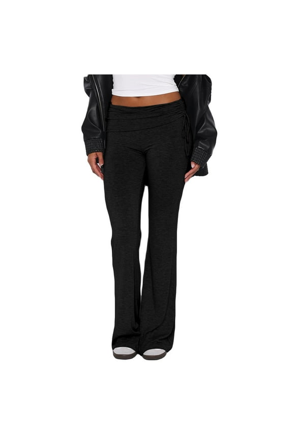 Flare Leggings for Women Fold Over Waist Yoga Pants Side Drawstring Ruched Bootcut Bell Bottoms Sweatpants