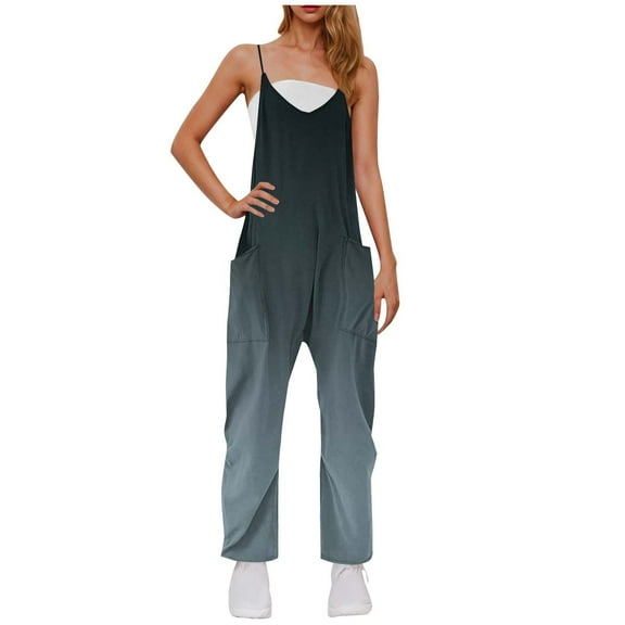 REALiKUN Gradient Baggy Jumpsuits for Women Plus Size - Summer V Neck Sleeveless Harem Overalls, Adjustable Strap Romper for Casual & Outdoor