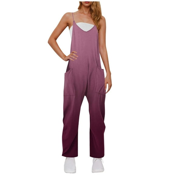 REALiKUN Gradient Baggy Jumpsuits for Women Plus Size - Summer V Neck Sleeveless Harem Overalls, Adjustable Strap Romper for Casual & Outdoor