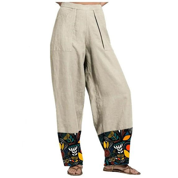 REALiKUN Harem Bohemian Yoga Pants, Elastic Waist Patch Work Best Designer Trouser with Pocket Khaki XXL