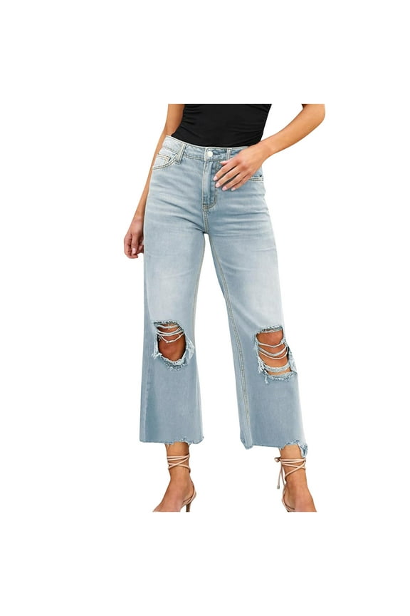 High Waisted Ripped Flare Jeans for Women Casual Distressed Pants Cut Out Raw Hem Denim Jeans