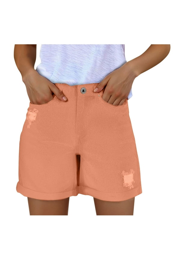 Jean Shorts Womens Stretchy High Waisted Ripped Denim Shorts with Pockets Trendy Distressed Cut Off Shorts