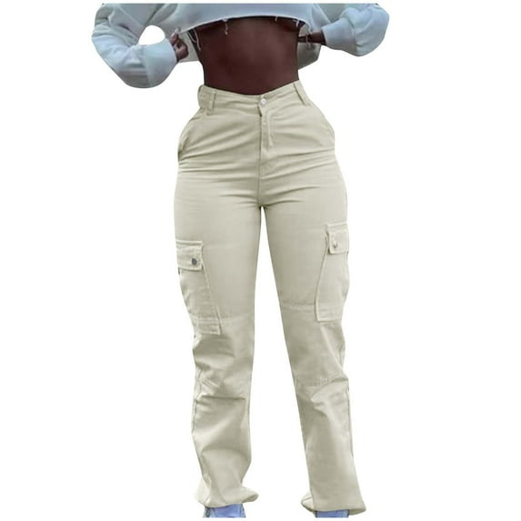 REALiKUN Jeans Cargo Pants for Women Denim High Waisted Aesthetic Slim Stretch Pants Streetwear Button Trousers