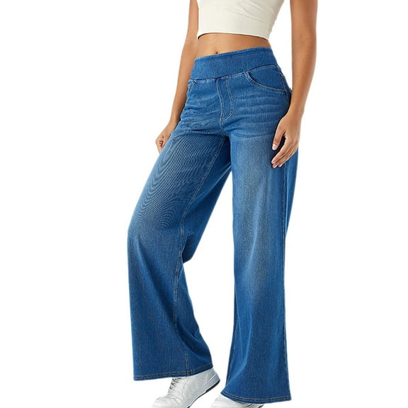 REALiKUN Jeans for Women Retro Wide Leg Elastic High Waisted Loose Casual Denim Pants with Pockets