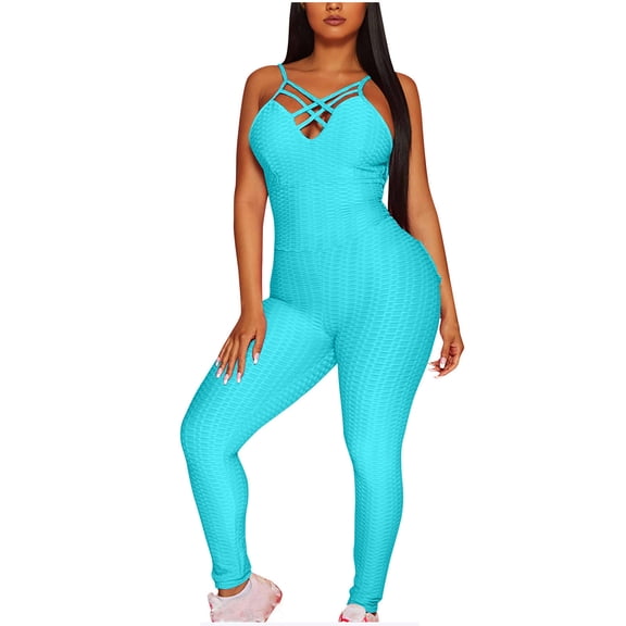 REALiKUN Jumpsuits for Women Crisscross Spaghetti Strap Yoga Exercise Fitness Butt Lift Scrunch Booty Leggings Bodycon