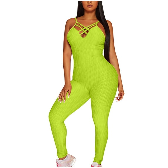 REALiKUN Jumpsuits for Women Crisscross Spaghetti Strap Yoga Exercise Fitness Butt Lift Scrunch Booty Leggings Bodycon