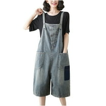 REALiKUN Jumpsuits for Women Denim Overalls Baggy Vintage Bib Pants Wide Leg Harem Pants Jeans Button Romper with Pocket