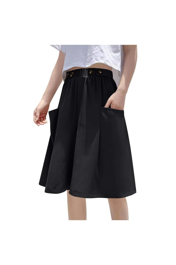 Knee Lenght Culottes Pants for Women Summer Loose Elastic Waist A-line Wide Leg Palazzo Trousers with Pockets