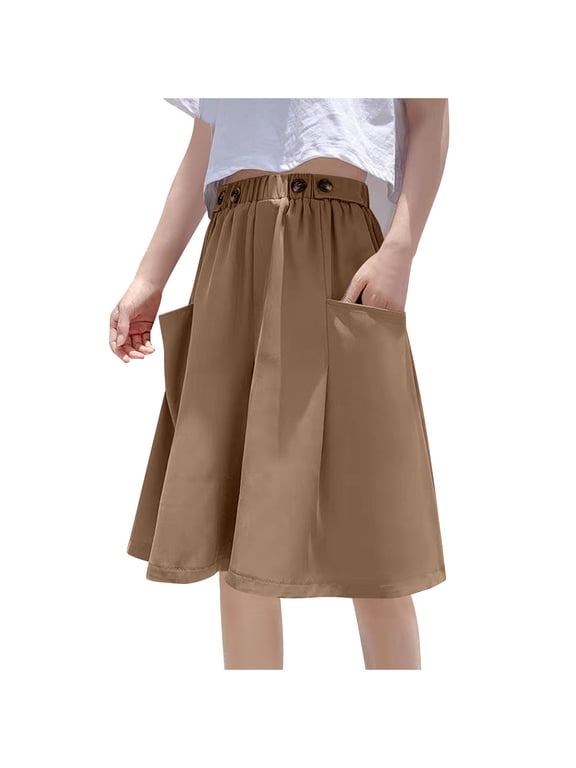 Knee Lenght Culottes Pants for Women Summer Loose Elastic Waist A-line Wide Leg Palazzo Trousers with Pockets