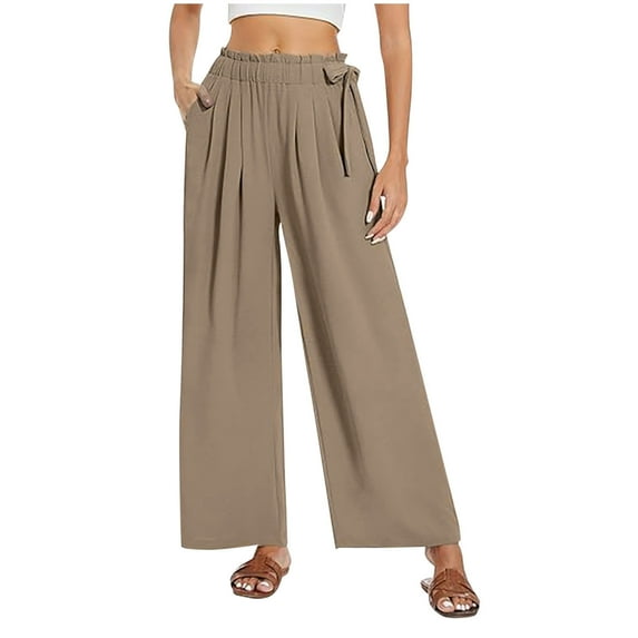 REALiKUN Linen Pants Women High Waisted Flowy Wide Leg Pants Summer Trendy Tie Knot Palazzo Pant Casual Dress Pant