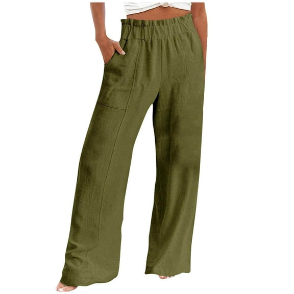 REALiKUN Linen Pants Women Summer Casual High Waisted Solid Wide Leg Palazzo Pant Loose Comfy Lightweight Trousers
