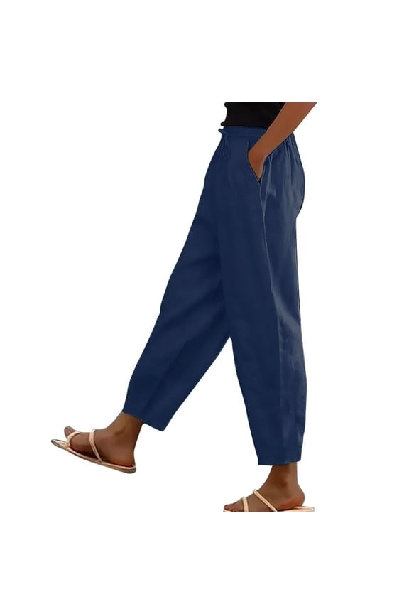 Linen Pants Women Summer High Elastic Waist Drawstring Palazzo Pants Straight Leg Slacks with Pockets