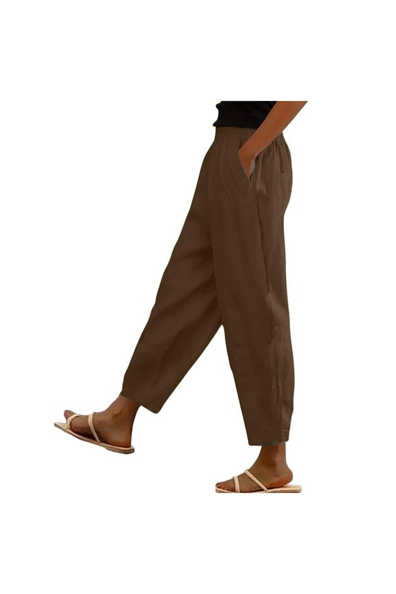 Linen Pants Women Summer High Elastic Waist Drawstring Palazzo Pants Straight Leg Slacks with Pockets