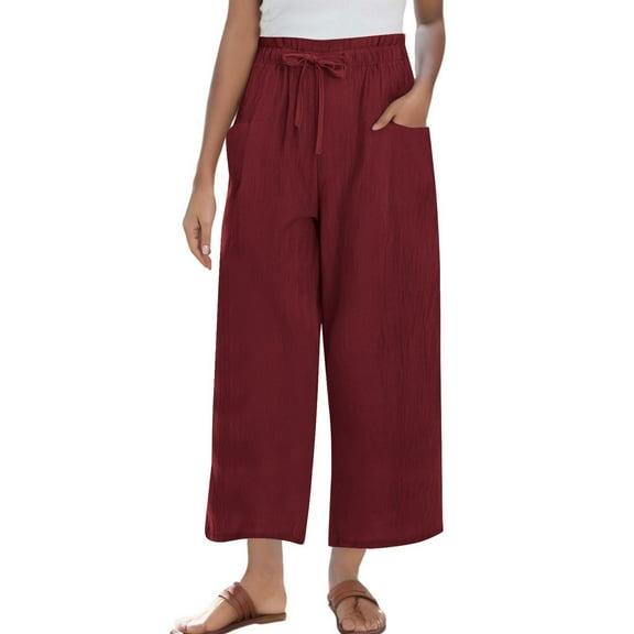 REALiKUN Linen Pants for Women High Waisted Wide Leg Capri Elastic Waist Casual Beach Flowy Cropped Summer Capris Pants
