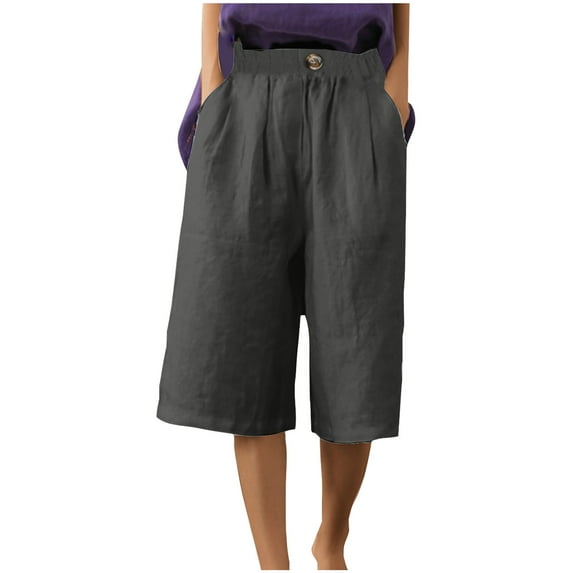 REALiKUN Linen Shorts for Women Elastic Waist Bermuda Shorts Loose Knee Length Shorts Summer Vacation Beach Shorts