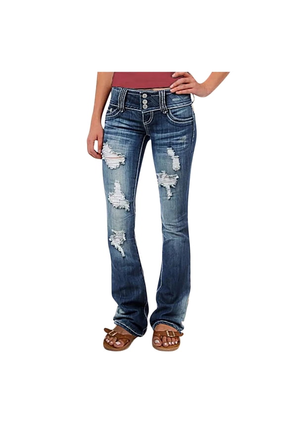 Low Rise Ripped Bootcut Wide Leg Jeans for Women Stretchy Denim Pants