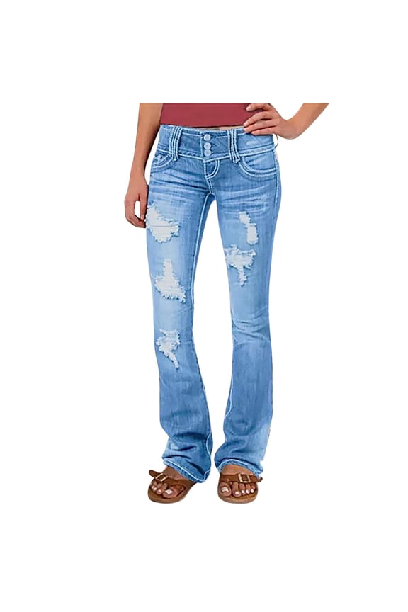 Low Rise Ripped Bootcut Wide Leg Jeans for Women Stretchy Denim Pants