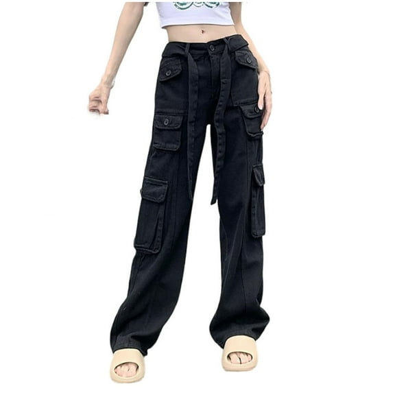 REALiKUN Low Waist Cargo Pants for Women Casual Wide Leg Trouser Outdoor Hiking Work Pant with Multi Pockets