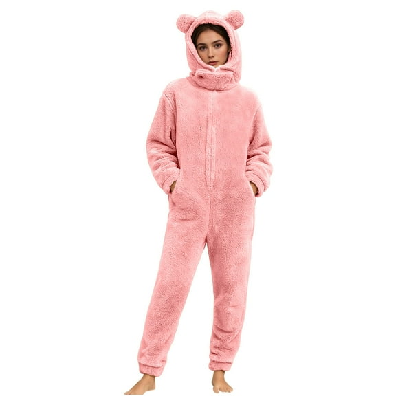 REALiKUN Onesie Pajamas for Women One Piece Fuzzy Sherpa Jumpsuit Cute Warm Fleece Hoodie Romper Winter Adult