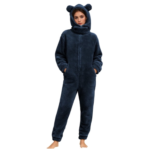REALiKUN Onesie Pajamas for Women One Piece Fuzzy Sherpa Jumpsuit Cute Warm Fleece Hoodie Romper Winter Adult