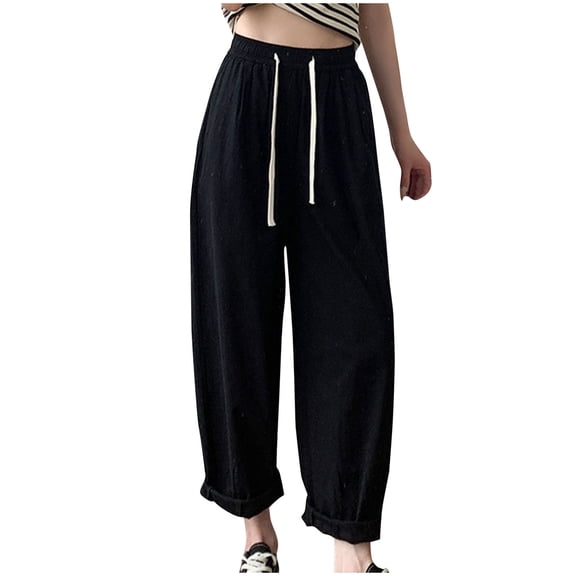 REALiKUN Pants for Women Cotton Linen Pleated Front Drawstring High Waist Pants Ankle Pant Fall Casual Straight Leg Pants