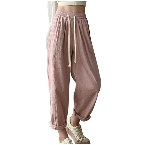 REALiKUN Pants for Women Cotton Linen Pleated Front Drawstring High Waist Pants Ankle Pant Fall Casual Straight Leg Pants