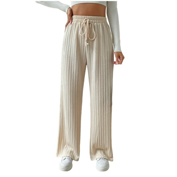 REALiKUN Pants for Women Ribbed Pants Wide Leg Lounge Pants Elastic Waist Straight Leg Sweatpants
