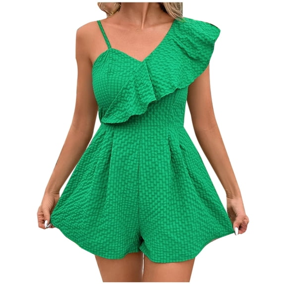 REALiKUN Rompers for Women Dressy Ruffles One Shoulder Spaghetti Straps Short Jumpsuits Cute One Piece Shorts Beach Outfits