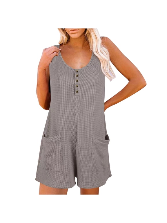 Rompers for Women Sleeveless Jumpsuits Button Down Waffle Fabric Summer Vacation Outfits
