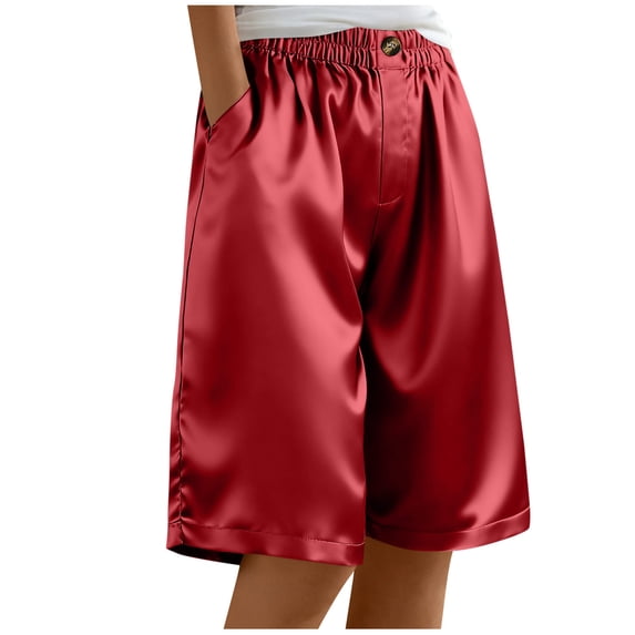 REALiKUN Satin Bermuda Shorts for Women Lounge Loose Fit Summer Spring Dressy Shorts Pockets Solid Button Fashion Outfits