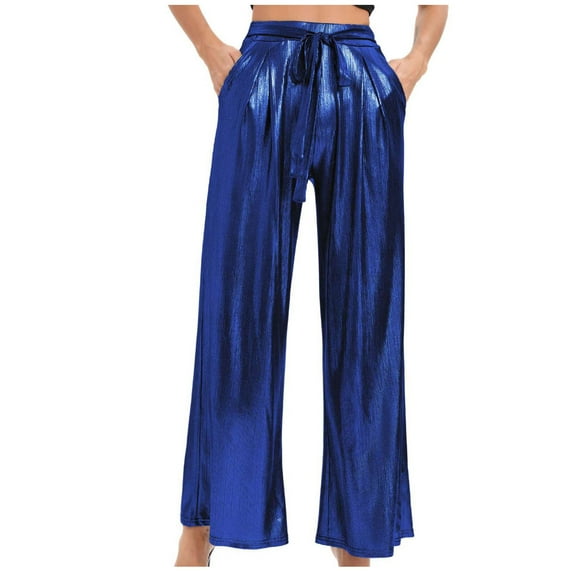 REALiKUN Shiny Metallic Nightclub Pants for Women High Waisted Wide Leg Pants Hip Hop Pants