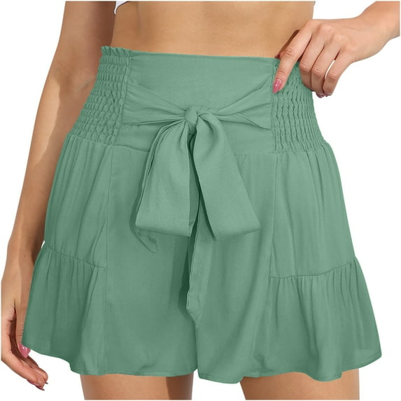 REALiKUN Shorts for Women Casual Summer Elastic High Waist Lace Up Flowy Dressy Ruffle Shorts with Belt