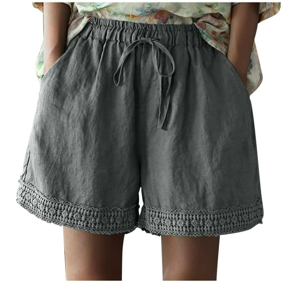 REALiKUN Shorts for Women Trendy Summer High Waisted Lace Hem Wide Leg Short Loose Fit Casual Vintage Beach Shorts with Pocket