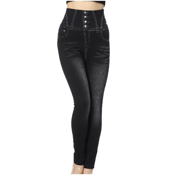 REALiKUN Skinny Faux Jeans for Women High Waist Stretchy Slimming Jeggings Denim Print Leggings Trousers Pants