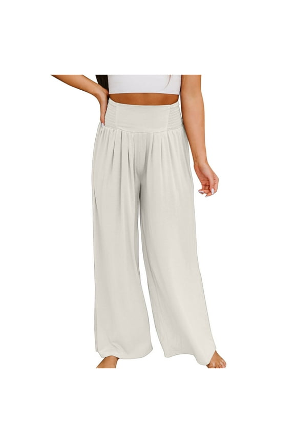 Smocked Waist Stretchy Pleated Pants for Women Wide Leg Waterfall Trousers Casual Loose Workout Yoga Slacks