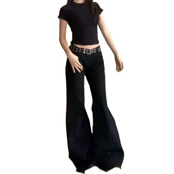 REALiKUN Stretch Wide Leg Jeans for Women Low Rised Flared Hem Bell Bottom Baggy Denim Pants with Pockets