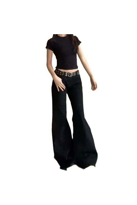 Stretch Wide Leg Jeans for Women Low Rised Flared Hem Bell Bottom Baggy Denim Pants with Pockets