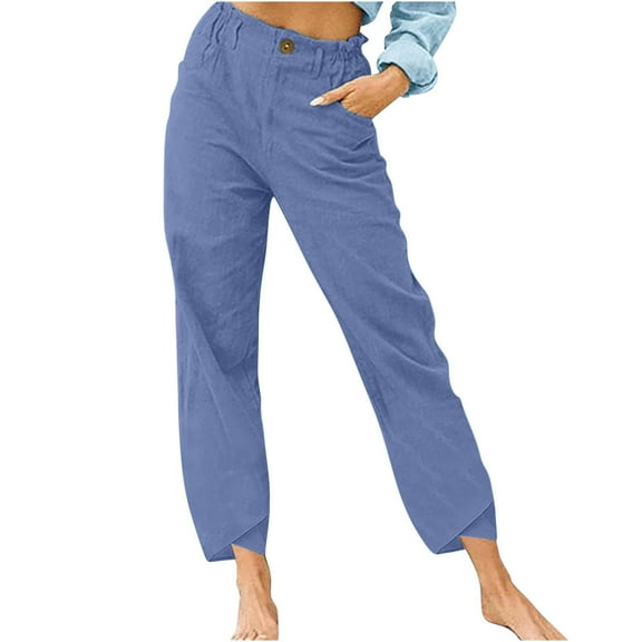 REALiKUN Summer Casual Linen Capri Pants for Womens Elastic Waist Cropped Comfy Baggy Trousers with Pockets