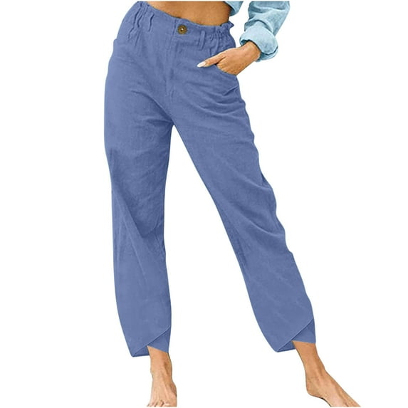 REALiKUN Summer Casual Linen Capri Pants for Womens Elastic Waist Cropped Comfy Baggy Trousers with Pockets