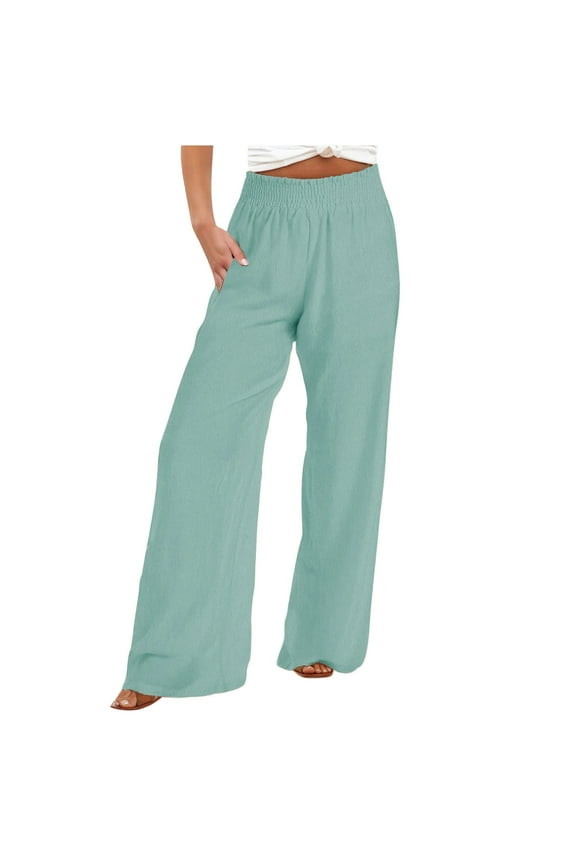 Summer Wide Leg Linen Pants Women High Waist Drawstring Loose Casual Palazzo Lounge Pants with Pockets