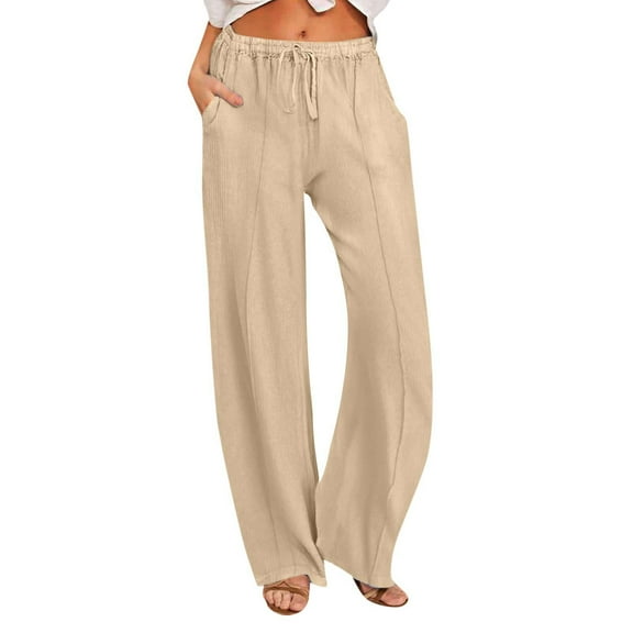 REALiKUN Summer Wide Leg Pants for Women Fashion Drawstring Elastic Waist Pant Solid Color Loose Casual Pants with Pockets