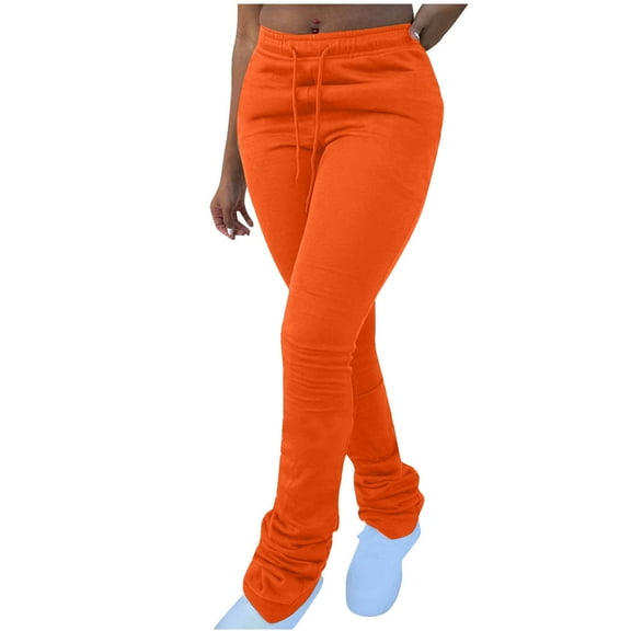 REALiKUN Sweats for Women Solid Drawstring Waist Sweatpants Stacked Pants Thermal Winter Sweatpants Fleece Lined Sweatpants