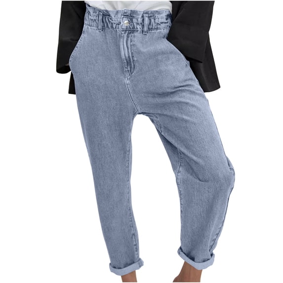 REALiKUN Wide Leg Denim Pants for Women Elastic Waist Pants Solid Color Button Pant Summer Casual Pants Dressy Comfy Pants