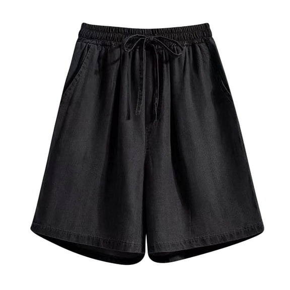 REALiKUN Wide Leg Jean Shorts Women's High Waist Knee Length Denim Shorts Drawstring Bermuda Shorts Casual Stretchy Jeans
