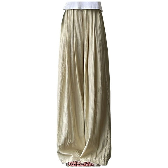 REALiKUN Wide Leg Pants for Women Casual Flowy Elastic High Waisted Long Straight Fit Trouser Lightweight Thin Cotton Pants