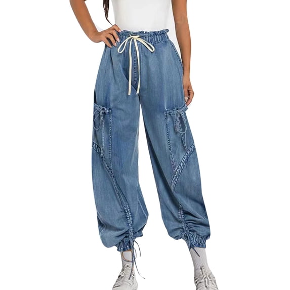 REALiKUN Women Baggy Barrel Jeans High Waisted Drawstring Bow Tie Cargo Jean Retro Wide Leg Ankle Denim Joggers